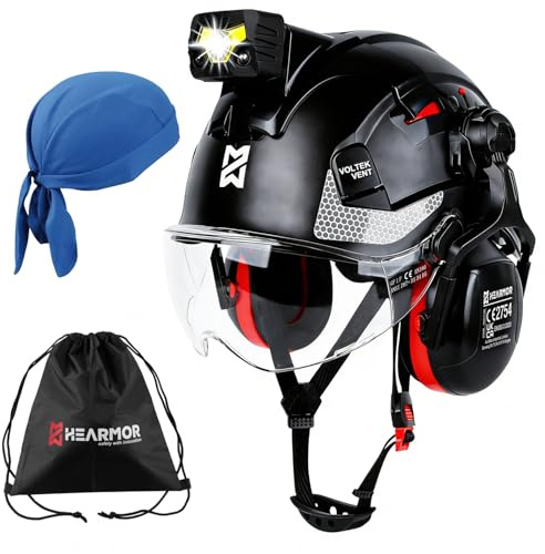 HEARMOR VOLTEK CE EN397 Casco di protezione industriale certificato con lampada frontale LED + Visiera e protezione dell'udito | Per lavori forestali, edili e arrampicata | Casco di lavoro di alta