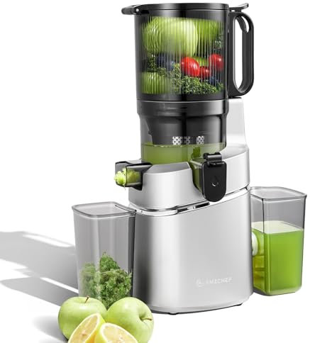 AMZCHEF Entsafter Slow Juicer - Entsafter Gemüse und Obst Testsieger für ganze Früchte, XXL 138mm Öffnung, BPA-frei mit Rezeptbuch - 2L Behälter, Dreifachfilter,Silber