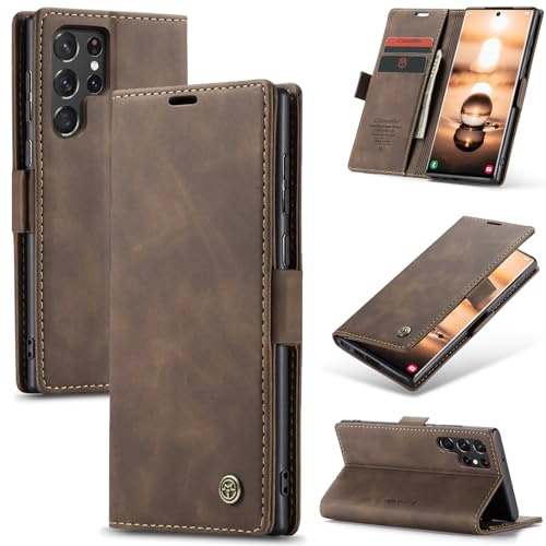 Samokor Fodral för Samsung Galaxy S22 Ultra 5G PU läderfodral Flip | Flip Case Mobilbokfodral Plånbok Kortplats Stativfunktion ställ Magnetisk Stötskydd för Samsung Galaxy S22 Ultra,Kaffe