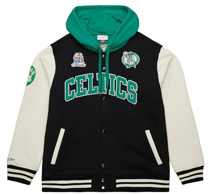 Mitchell & Ness Courtside Fleece NBA Vintage collegejacka med huva, färgkontrasterande ärmar, tryckknappslås, män, kvinnor, barn, unisex, vår, sommar, höst, vinter, boston celtics, M