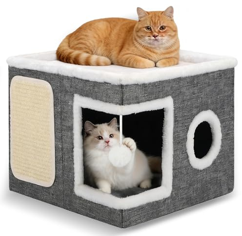 Cat House for Indoor Cats,Large Cat Cave Bed with Scratch Pad Fluffy Ball