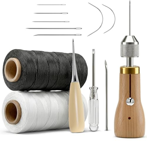 QWORK® Kit da Cucito in Pelle Set 12 pezzi con 200 m Filo Cerato e 7 Aghi- Perfetto per Riparazioni e Progetti Fai da Te