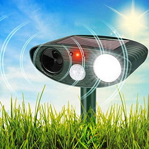 Repellente per animali a ultrasuoni a energia solare, con sensore di movimento, luce lampeggiante per giardino, scoraggia gatti, cani, volpi, uccelli