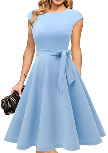DRESSTELLS - Vestido para mujer con mangas casquillo, ideal para fiestas, bailes de graduación y cócteles - Azul - Large