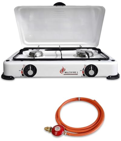 BRENNER Dual Burner Gas Camping Stove – Portable Outdoor Cooker with White Enamel Lid, Manual Ignition & 37mbar Regulator – LPG, Propane & Butane Compatible – Ideal for BBQ, Caravan & Picnic Cooking