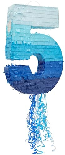 Piñata de cuerda número 5 para fiesta de 5º cumpleaños de niños, azul degradado (16,5 x 11,6 pulgadas)