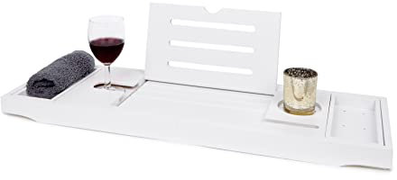Deep Calm Bath Caddy – Extendable Bath Tray Holds Book, iPad, Tablet, Phone, Wine Glass, Candle - Adjustable Bathtub Table – Luxury, Natural Bamboo Bath Shelf (White)