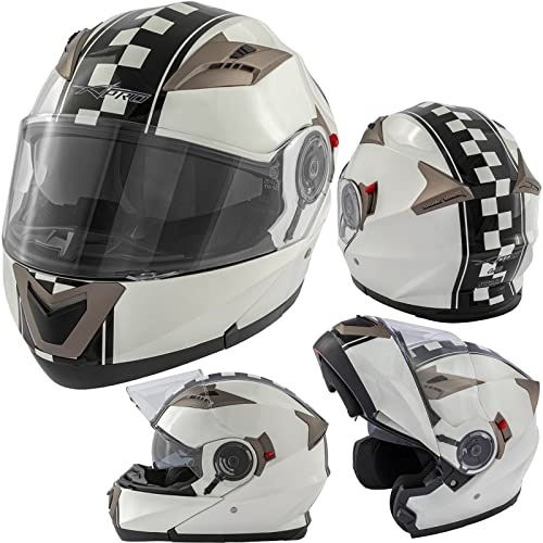 Casco Modulare Moto Doppia Visiera Touring Grafica ECE 22 Omologato Bianco M