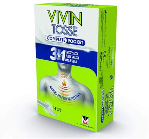 Vivin Tosse Complete Pocket 14 bustine. Sciroppo per mal di gola, tosse secca e grassa a base di estratti vegetali. Protegge e promuove l'idratazione della mucosa faringea. Senza Glutine.