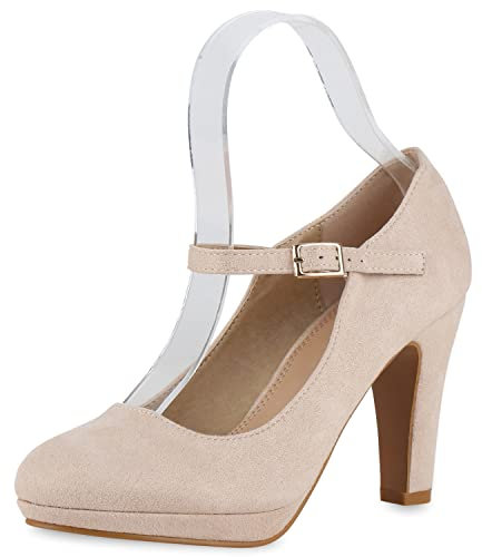 Giralin Damen Pumps Mary Janes High Heels Absatzschuhe Basic Wildleder-Optik Riemchenpumps Elegante Abend Schuhe Spangenpumps 210700 Beige 40