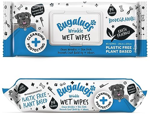 BUGALUGS Wrinkle Dog Wipes for pawly skin - 80 Biodegradable dog grooming pet wipes. Use as Dog ear wipes, dog eye wipes, dog face wipes, Paw & Bum wipes for puppy, dogs & cat grooming
