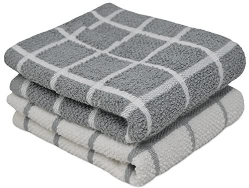 Towelogy® Premium Tea Towels for Kitchen 100% Cotton Lint Free Large Grey/White Jumbo Check Dishcloths Tear Resistant & Ecofriendly 45x65 cm (Grey/White, 2)