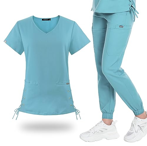 VIAOLI Women's Scrubs Set - V-Neck Top & Drawstring Pant - fashions Stretch Uniforms Athletic Nursing Uniform Workwear (Sky blue,L,Large)