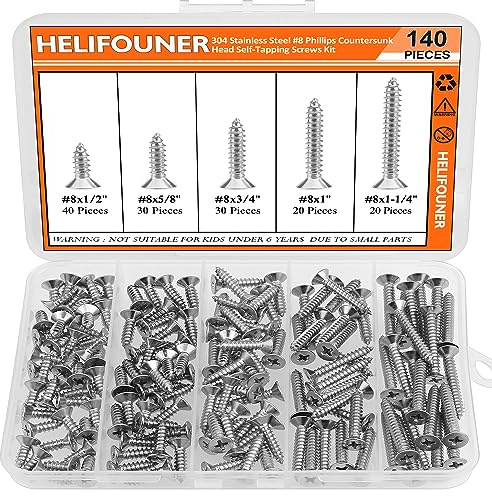 #8 x 1/2 5/8 3/4 1 1-1/4 Wood Screws Set, HELIFOUNER 140 Pieces Phillips Countersunk Head Self-Tapping Screws Assortment Kit, Phillips Flat Head Wood Screws, 304 Stainless Steel