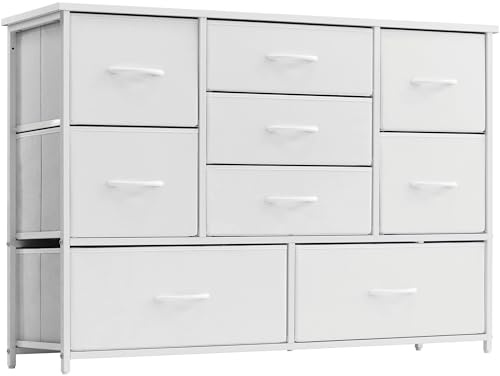 LYNCOHOME White Chest of Drawers for Bedroom, 9 Drawer Fabric Dresser Storage Organizer, Wide Dresser TV Stand for Bedroom, Living Room, Entryway, Nursery