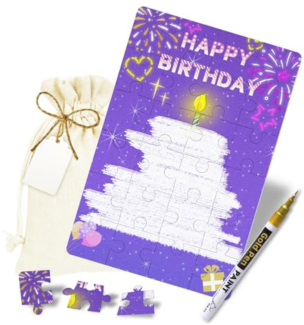 Carte Anniversaire - Puzzle Carte Cadeau Anniversaire - Cadeau Personnalisé d'anniversaire - avec Sac Coton, Stylo Doré, Étiquette - Idée Cadeau Homme Femme Enfant - Happy Birthday Card