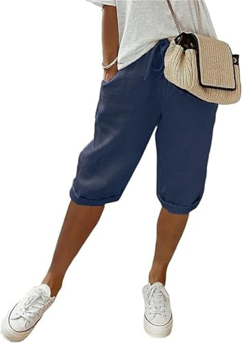 MorFansi Pantaloni Corti in Cotone e Lino da Donna Capri Pantaloncini Ginocchio Bermuda Jogging Pantaloncini Spiaggia Estivi Leggeri (Blu Scuro,XL)