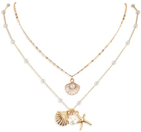 Mikovivi 2pcs Shell Necklaces, Shiny Charming Beach Jewelry for Women Adjustable Multi-Layer Seashell Necklace with Pearls Match All Outfits Summer Sea Necklaces for Birthday Wedding Party Engagement