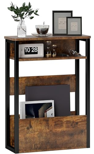 HOMCOM Industrial Side Table, Narrow Bedside Table with 2 Storage Shelves and Metal Frame for Living Room, Bedroom, Rustic Brown
