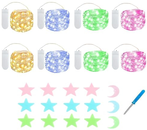 MUXIJIA 8 Pieza Cadena de Luces, Guirnalda de Luces 2M 20 LED, Estrellas y lunas fluorescentes, adecuado para Navidad, habitación, fiesta, jardín, boda, accesorios de luz de hadas (4 colores)