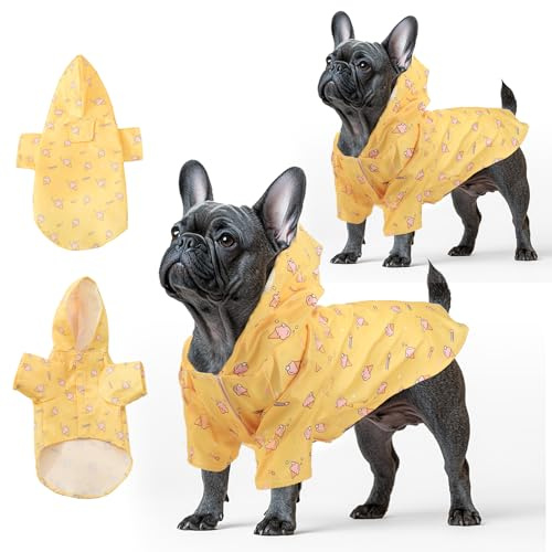 Fiohiros 2 Stück Hunde-Regenmäntel, wasserdicht, leicht, mit Loch für Geschirr, Hunde-Regenmantel mit Kapuze für kleine Hunde (Gelb, S)
