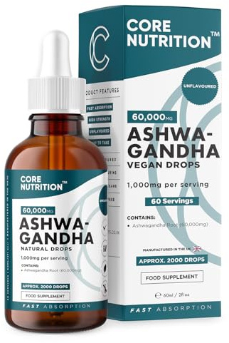 Ashwagandha Supplement Liquid Drops by Core Nutrition - High Strength of 60,000mg per 60ml Bottle - Vegan - 2 Month Supply of Ashwagandha Extract - 60 Servings - Made in UK