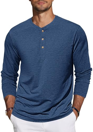 TARAINYA Henley Shirt Uomo Cotone T-Shirt Maniche Lunghe/Maniche Corte Uomini con 3 Bottoni M-4XL, C blu scuro., L