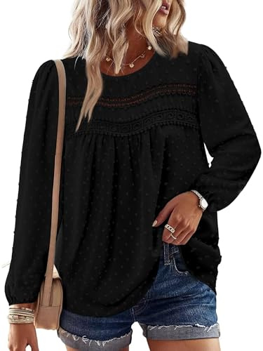 CHICZONE Long Sleeve Chiffon Blouses Womens Henley Crew Neck Fall Casual Flowy Lace Hem Boho T-Shirt A Black