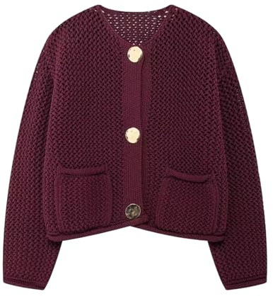 Cardigan corto da donna, cardigan a maniche lunghe aperto sul davanti, maglione corto con bottoni in maglia grossa, Rosso vinaccia, L