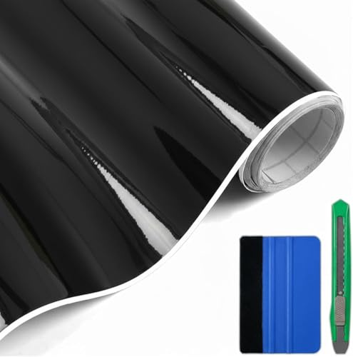 Lypumso Covering Noir Brillant 30 x 300 cm + Outils, Film Covering Voiture sans Bulles, Autocollants de Voiture Adhésif pour Intérieurs et Extérieurs Autos, Motos et Vélos