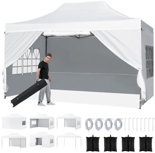 COSTWAY Carpa Plegable 3x4m, Pabellón Gazebo Pop-up con 4 Paredes Laterales Desmontables, 3 Alturas Ajustables, Bolsa con Ruedas, Cenador Exterior Impermeable para Patio Jardín Boda (Blanco)