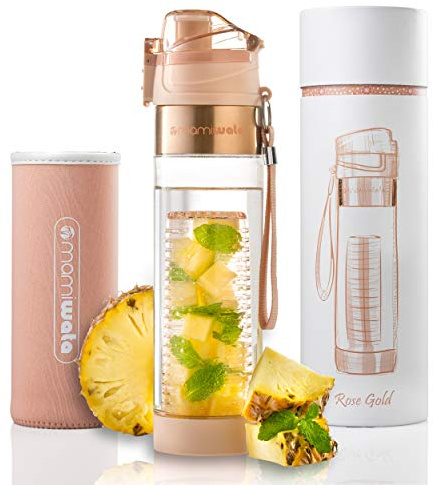 MAMI WATA Fruit Infuser Water Bottle – 24 oz – Tritan Plastic - Unique Stylish Design – Fruit Infused Water recipes eBook & Insulating sleeve – Beautiful Gift Box