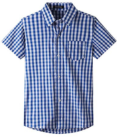Spring&Gege Ragazzo Camicia Classica a Quadri in Cotone a Manica Corta per Bambino, Percalle Grande Blu Reale, 13-14 Anni