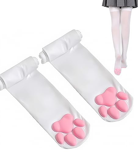 SUPTEC Overknee-Strümpfe und lange, fingerlose Handschuhe mit Katzenpfoten, niedlich, weich, 3D-Katzenpfote, für Mädchen und Damen, Lolita-Cosplay-Set, weiße Socken