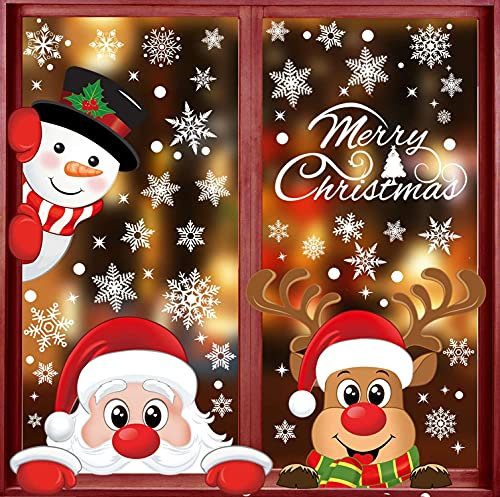 Svanco Fensterbilder Selbstklebend Weihnachten Dekoration Statisch PVC fenstersticker Wiederverwendbar Schneeflocken Aufkleber Weihnachtsmann Süße Elche Fensterdeko 346PCS(Farbe A)