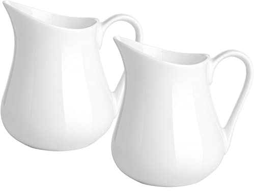 Gurygo 2 Pack 4 Oz Classic White Ceramic Small Creamer Pitcher with Handle- Fine Porcelain Small Milk Pitcher - Ceramic Creamer Container for Coffee Milk Sauces Salad, Microwave & Freezer Safe