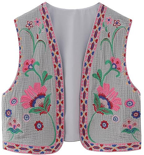 MezHi Bestickte Weste Damen, Damen Vintage Blumen Stickerei Kurze Weste Jacke,Embroidered Waistcoat Women, Women Vintage Floral Embroidered Vest, Women Y2k Vintage Embroidered Vest