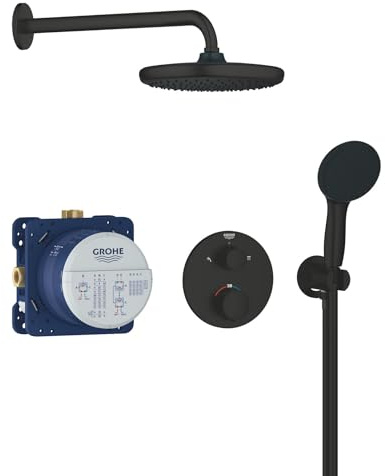 GROHE Precision - Concealed Shower System with Thermostat for 2 Outlets (Integrated Shut Off/Diverter Valve, Head Shower 25cm, Hand Shower 2 Sprays 11cm, Hose 1.5m, Round Trim), Matt Black, 348832430