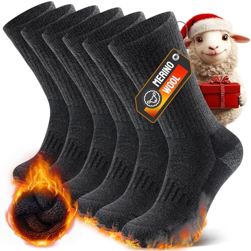 TIBISI Herrensocken, Merinowollsocken, dicke Wandersocken, gepolstert, feuchtigkeitstransportierend, atmungsaktiv, warm im Winter, für Outdoor, Wandern, Sport, weich und bequem, 3 Paar