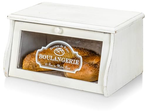 Red Co. 14”x 7” Rubberwood Bread Storage Box with Acrylic Front & Knob Handle, White