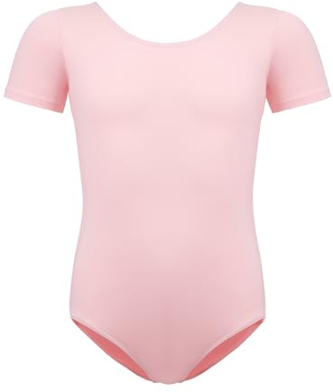 BALAYSIER Ballet Leotard for Girls and Women Elastic Cotton Short Sleeve Bodysuit Round Neck Suitable for Dance Gymnastics(Pink, 140)