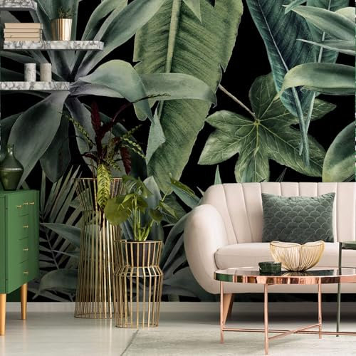 FUNLIFE Plantes tropicales papier peint,grandes feuilles vertes fond noir, papier peint panoramique texture imitation cuir, papier peint jungle,Salon Chambre papier peint adhesif mural 240x250cm
