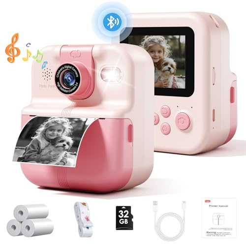 Bluetooth Instant Print Camera for Kids, Thermal Mini Photo Printer for Boys Girls, Portable Instant Digital Camera for Childrens, Cool Idea Gift Toys for Birthday Kids, Kids Camera for Phone & Tablet