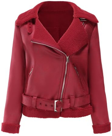 AlkYutd Chaqueta de motociclista de gamuza para mujer, abrigo de invierno con cremallera y cinturón, Vino, L