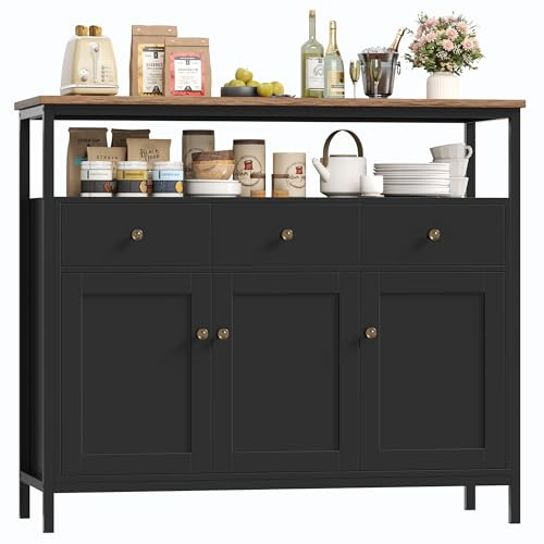 FirFurd Sideboard Küchenschrank mit 3 Schubladen 3 Türen, Küchenkommode, Buffetschrank für Küche Wohnzimmer Esszimmer, verstellbare Ablage, 108x38x98,5cm Schwarz