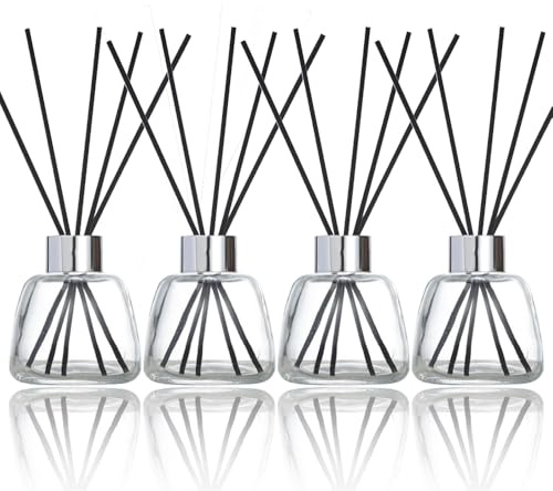 Kaxich Lot de 4 Diffuseur en verre avec 100 Diffuseur Batonnets, 100ML Diffuser Jars, Flacons Diffuseurs Vides en Verre pour Chambre à coucher, Salle de bains, Bureau, Cadeaux pour filles et femmes