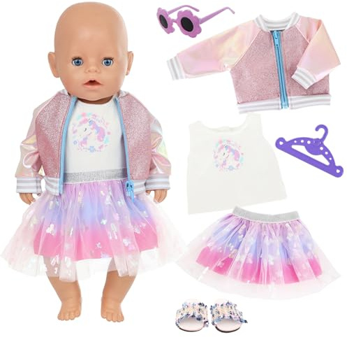 Baby Doll Clothes for 14-18 Inch (35-45 cm) Dolls - Sweet Short Blouse, Pink Tulle Skirt, Cool Jacket, Glasses, Shoes, Hanger (Doll Not Included) (Purple Exquisite Style 1 Set)