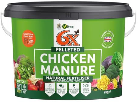 Vitax Pelleted Chicken Manure Fertiliser Organic, Slow-Release Nutrients for Vegetables, Flowers, Fruit & Lawns – Natural Soil Conditioner & Plant Booster – 100% Eco-Friendly Garden Feed (7kg)