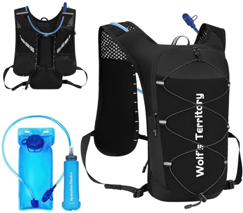 TOTSUN Running Vest Hydration for Women Men, Ultralight Breathable 5L Running Bag Phone Holder with Safety Whistle for Water Bottle & Soft Flask, 10 Pockets, for Cycling, Marathons (with 2L Bladder)