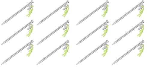 Multibros Lot de 12 piquets de sol rocheux Heavy Duty – 20/30/40 cm – Diamètre 9 mm – Acier galvanisé avec crochet en P et corde lumineuse – Piquets de tente pour sol dur, camping, tentes, pavillons